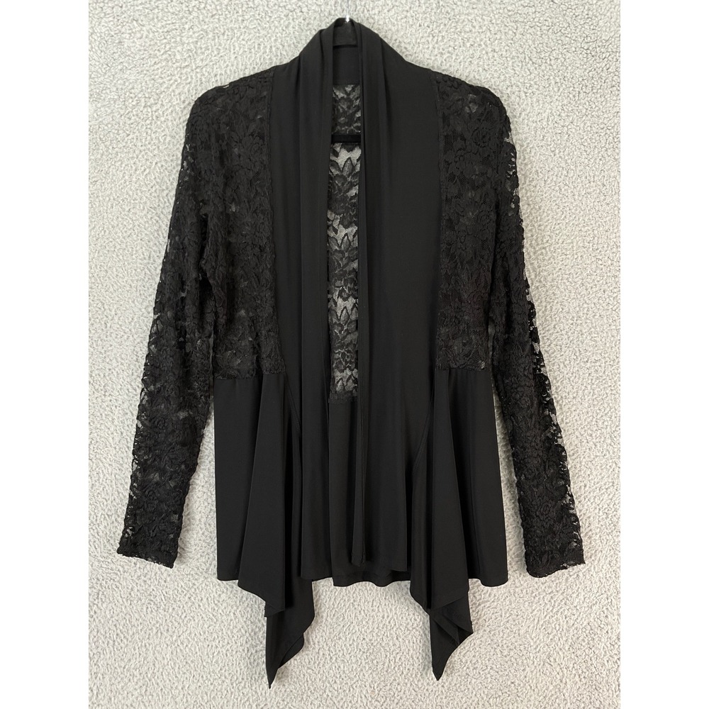 Essex Lace‎ Draped Cardigan Women L Black Sharkbite Open Front sheer Formal USA